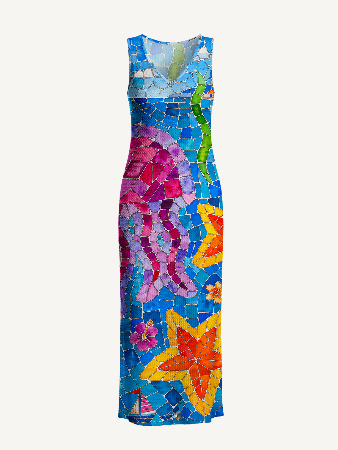Under the Sea Printed Crochet Knit Midi Dress