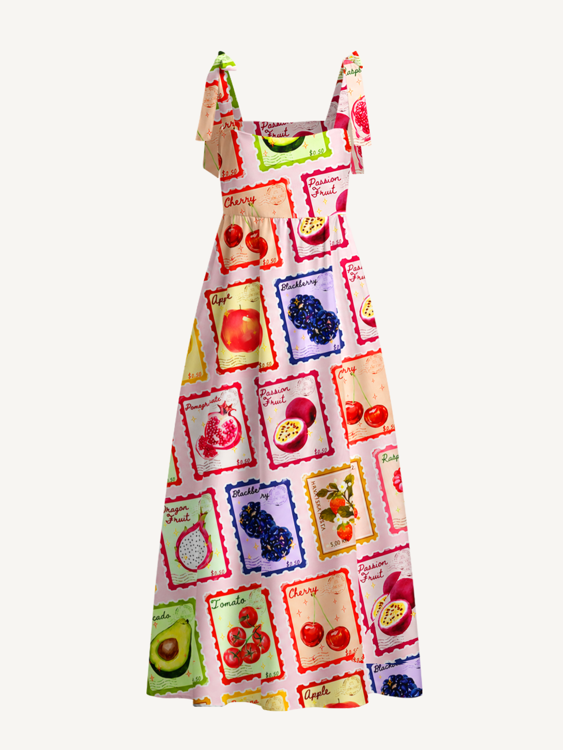 Summer Fruits Stamp Bow Strap Maxi Dress