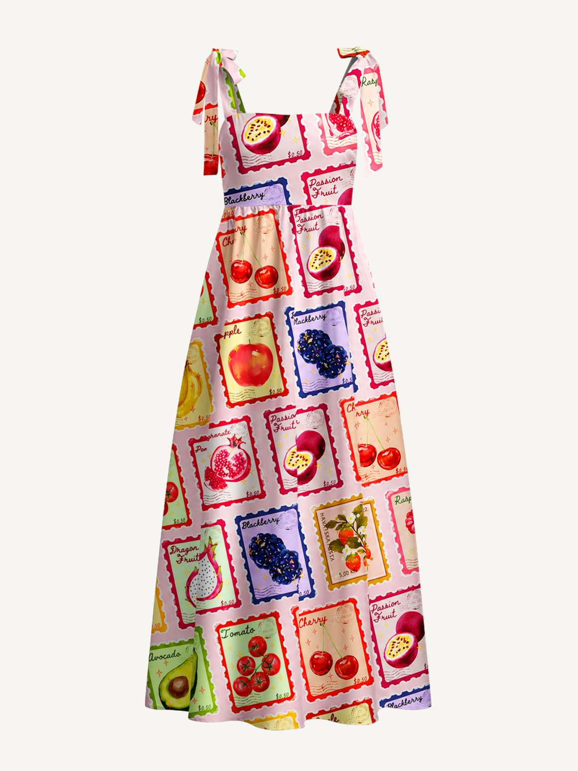 Summer Fruits Stamp Bow Strap Maxi Dress