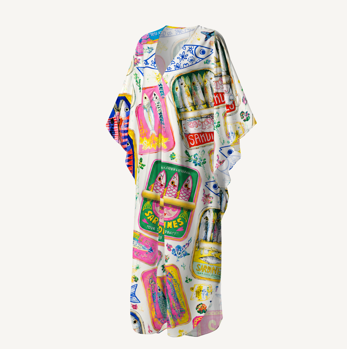Sardines Stamp Kimono Sleeve Kaftan Dress