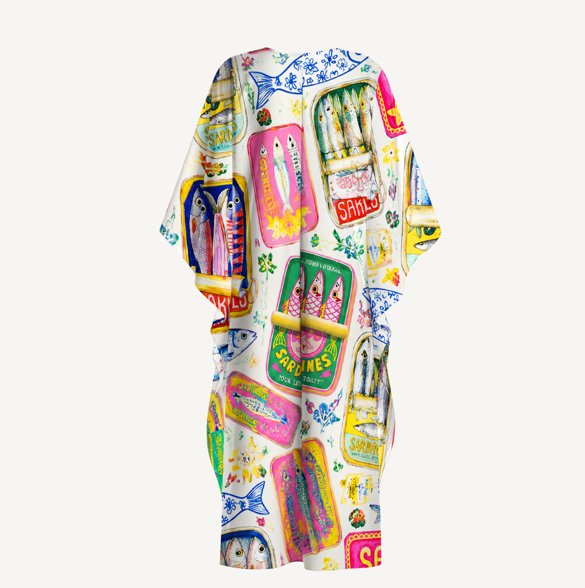 Sardines Stamp Kimono Sleeve Kaftan Dress