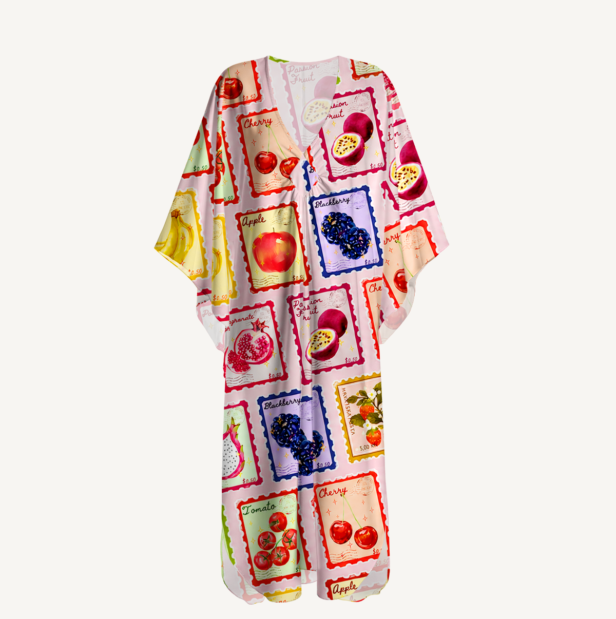 Summer Fruits Stamp Kimono Sleeve Kaftan Dress