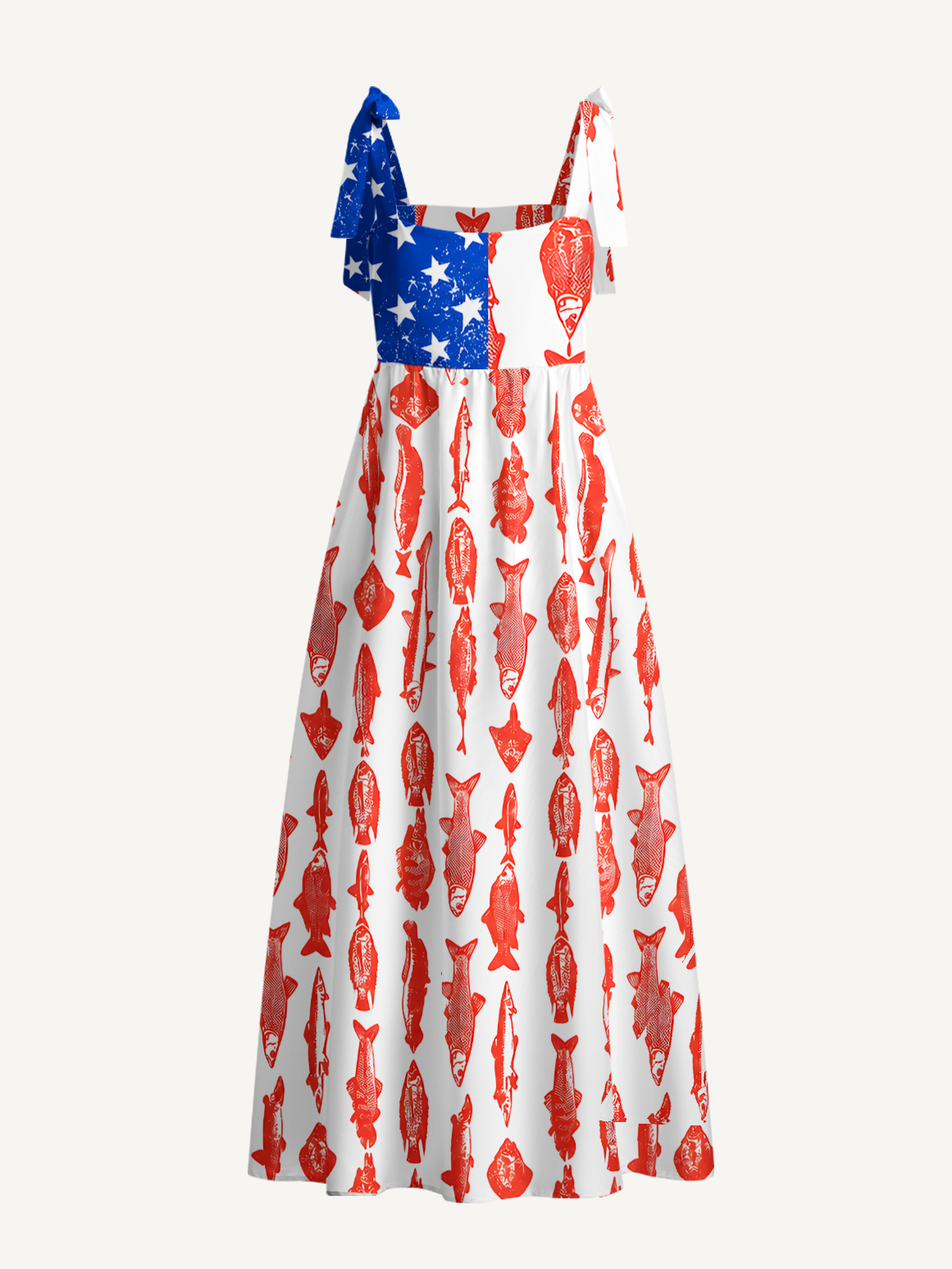 American Flag Fish Pattern Bow Strap Maxi Dress