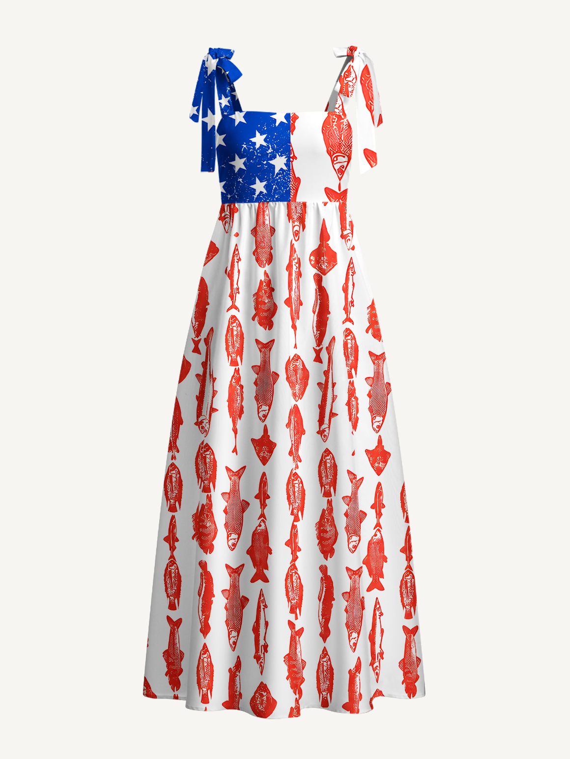 American Flag Fish Pattern Bow Strap Maxi Dress