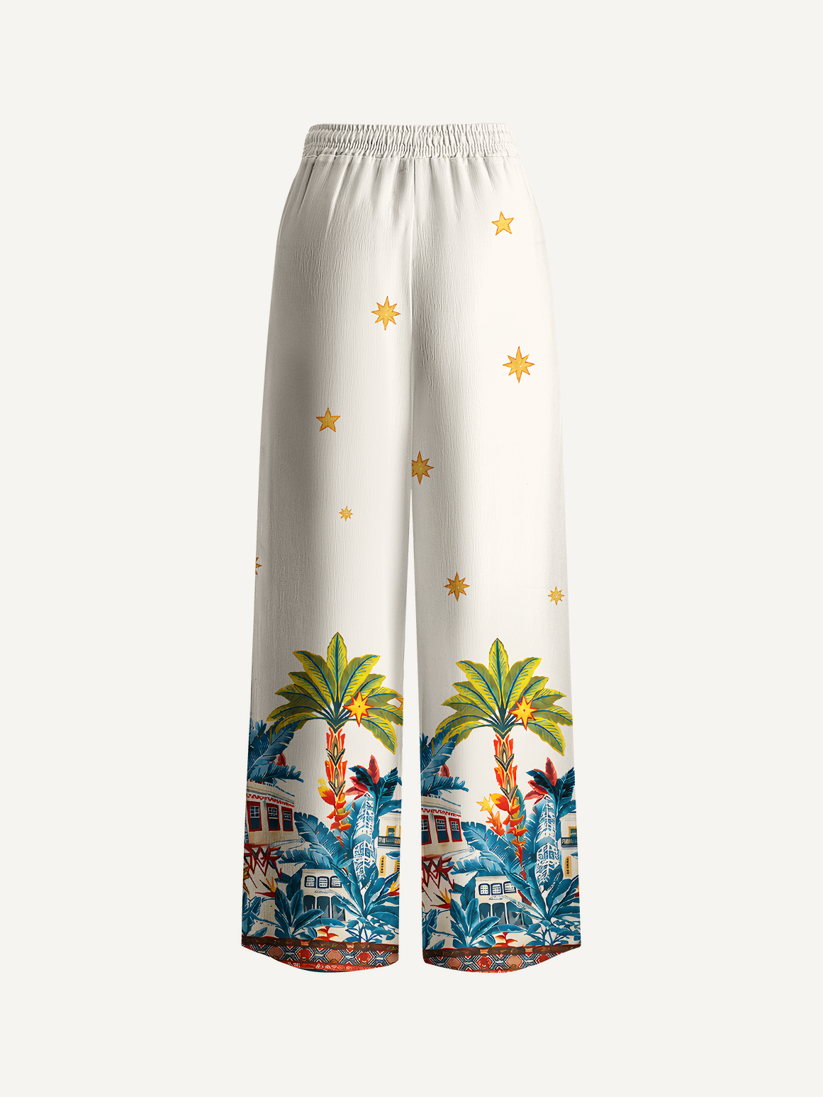 Retro Sun & Palm Wide Leg Tie Waist Pants With Pockets