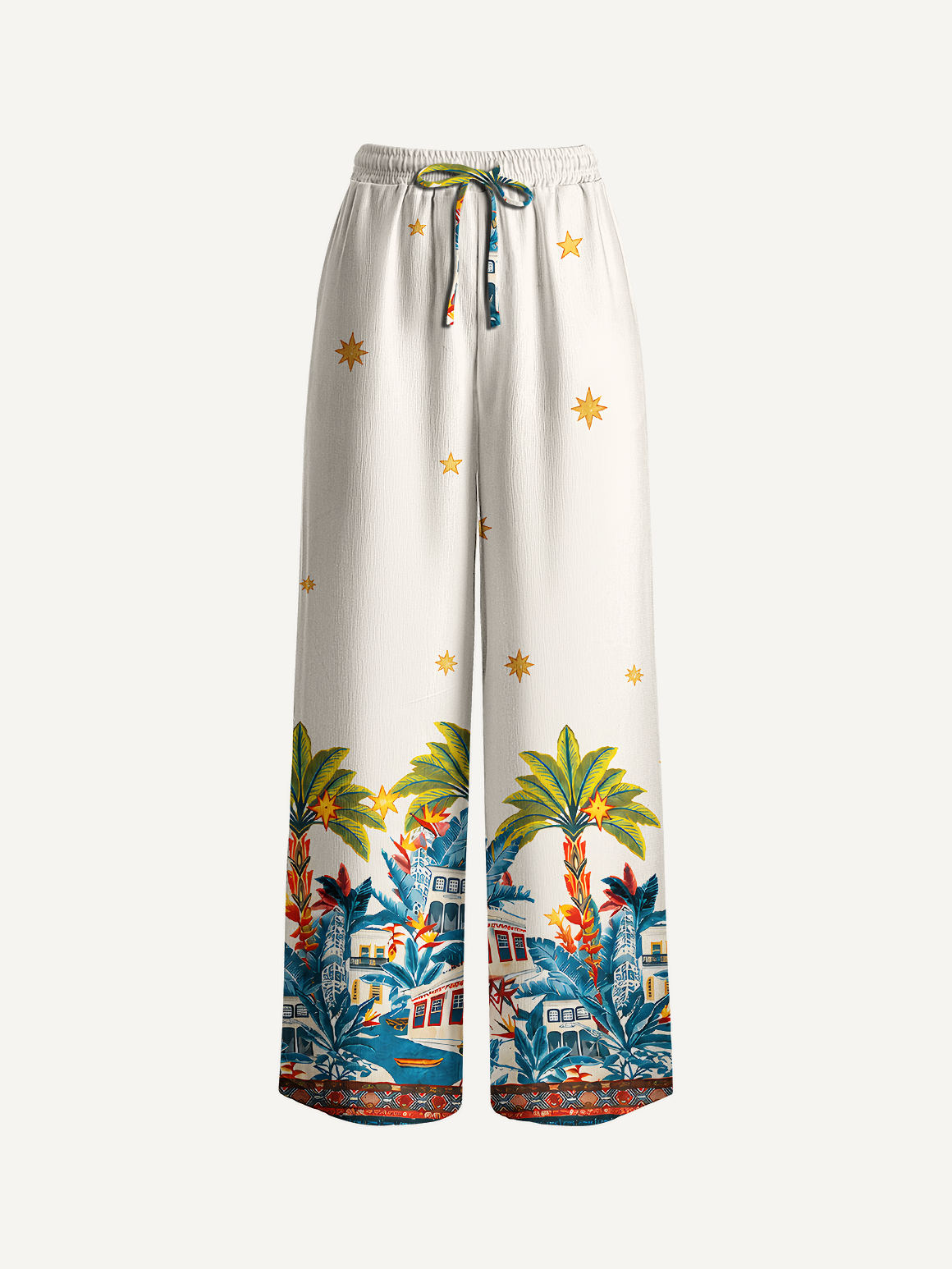 Retro Sun & Palm Wide Leg Tie Waist Pants With Pockets