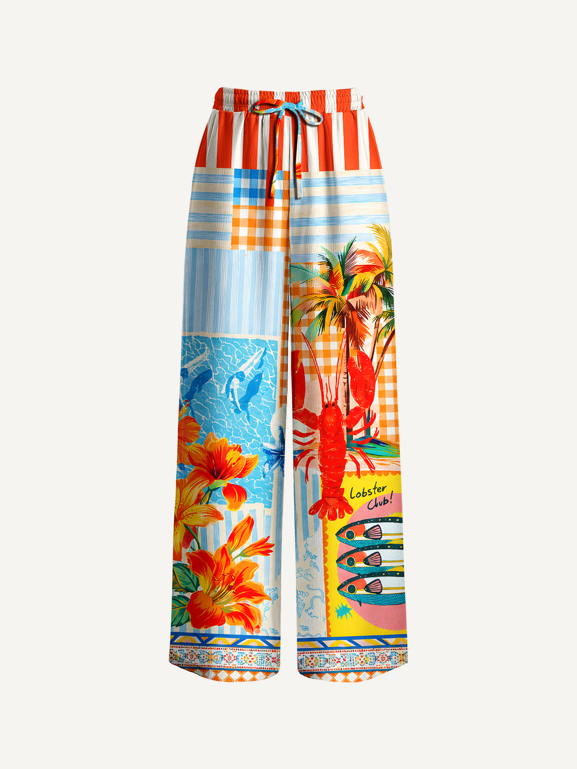 Tropical Lobster Patchwork Wide Leg Tie Waist Pants With Pockets