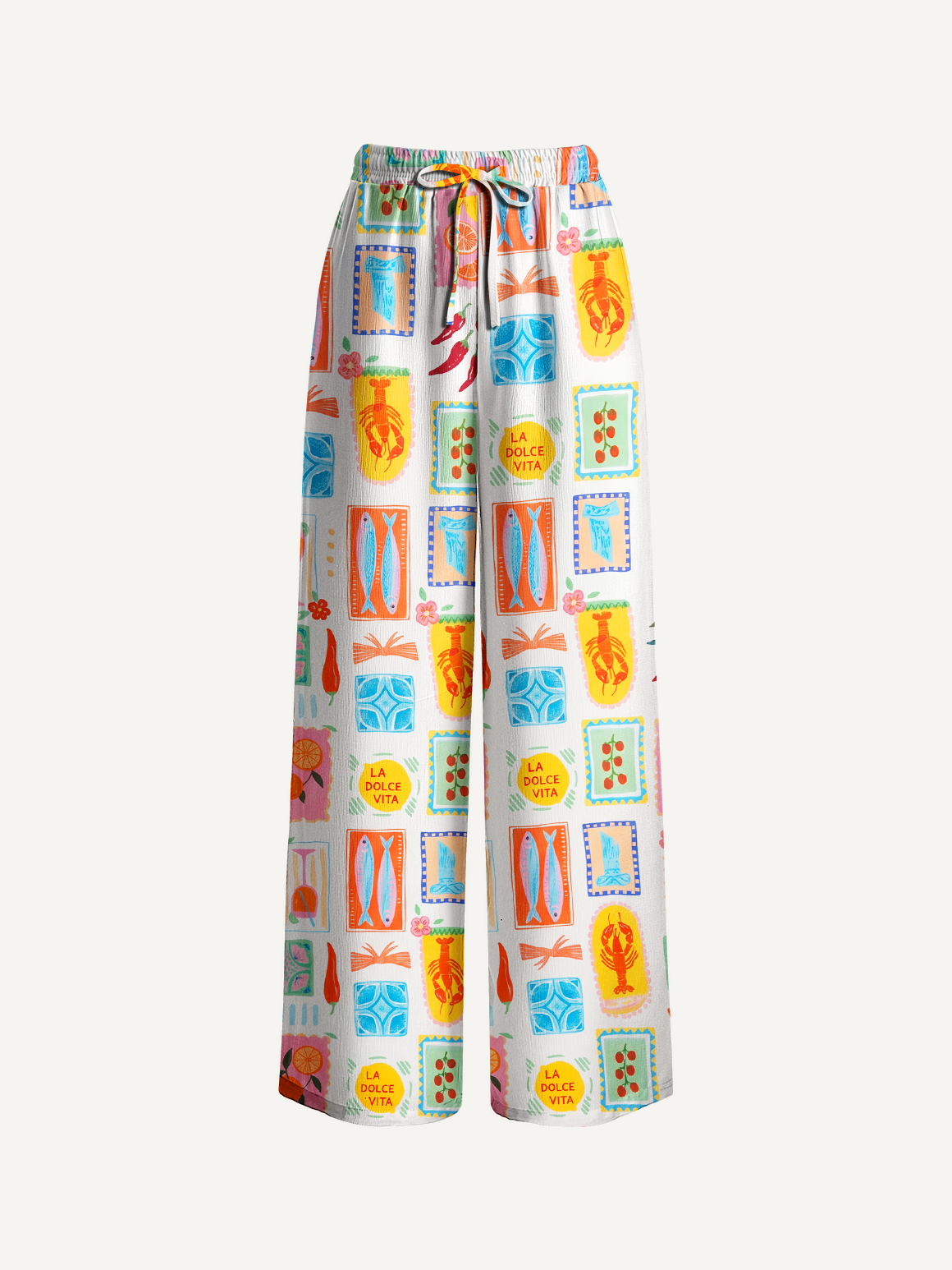 Tropical Stamp Print Wide Leg Tie Waist Pants With Pockets
