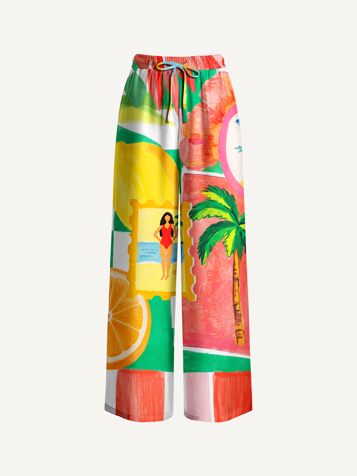 Tropical Floral & Palm Wide Leg Tie Waist Pants With Pockets