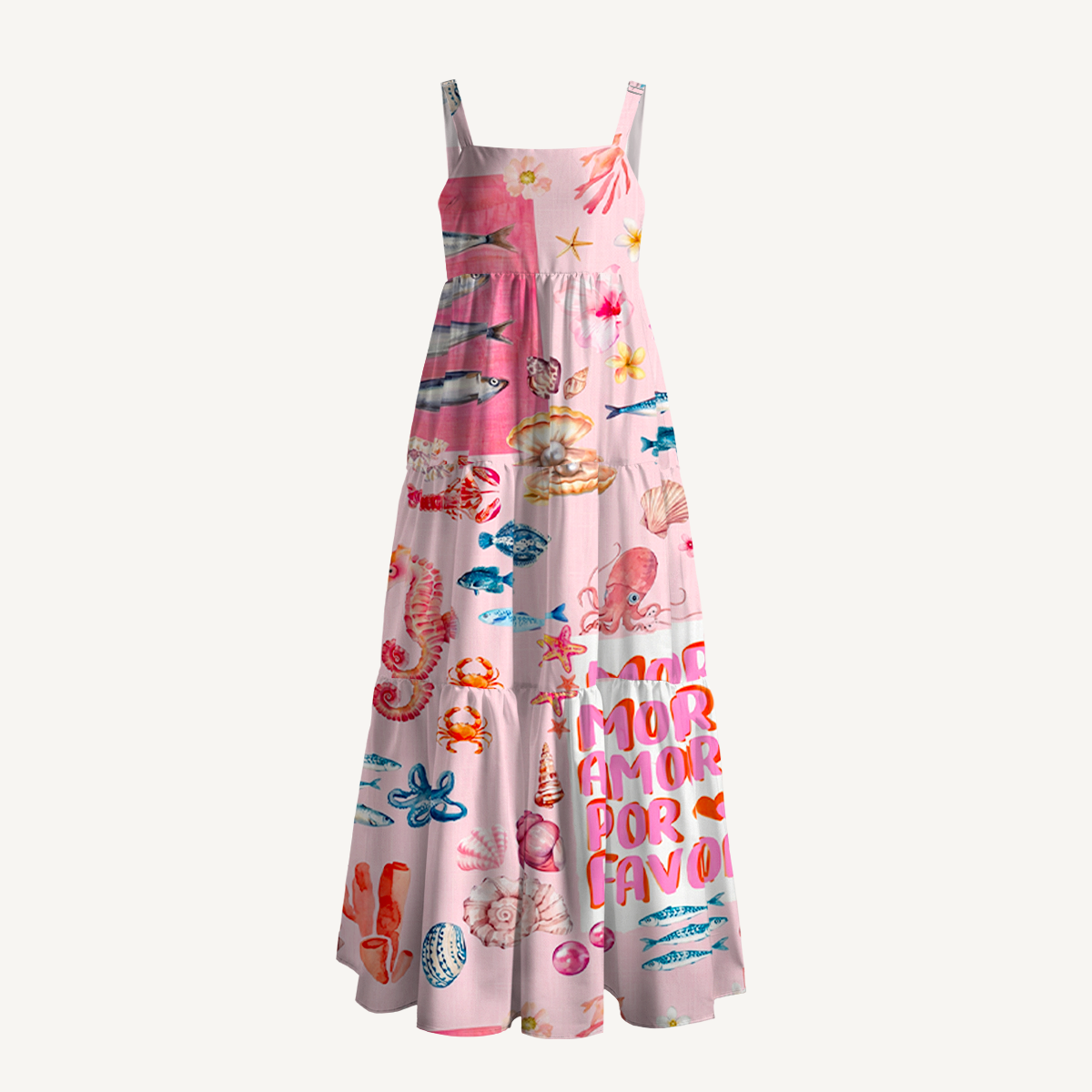 Pink Ocean Life Wide Straps Maxi Dress With Pockets