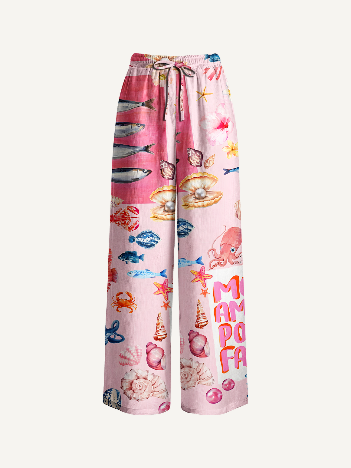 Pink Ocean Life Wide Leg Tie Waist Pants With Pockets