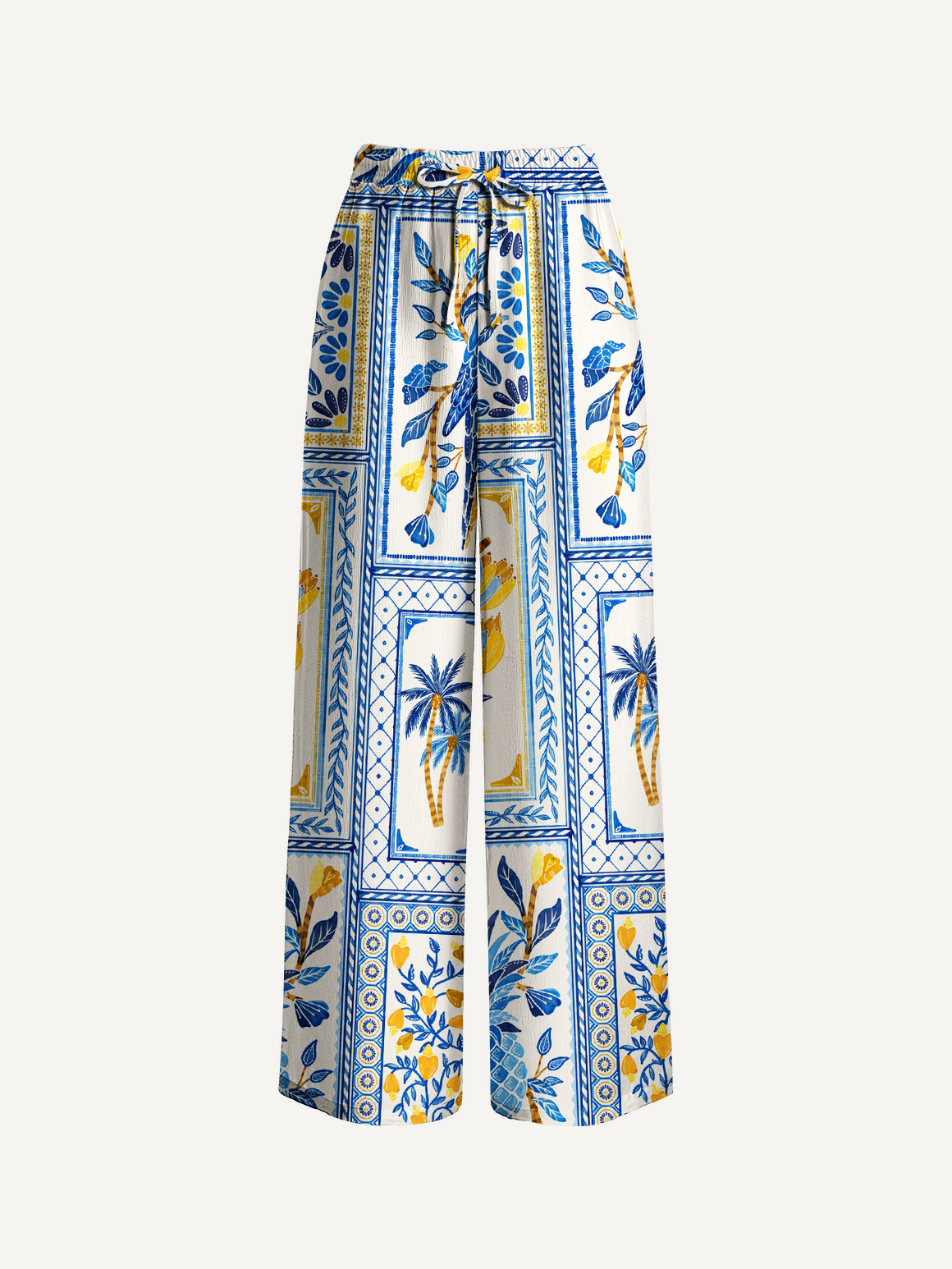 Blue Tropical Tile Wide Leg Tie Waist Pants With Pockets
