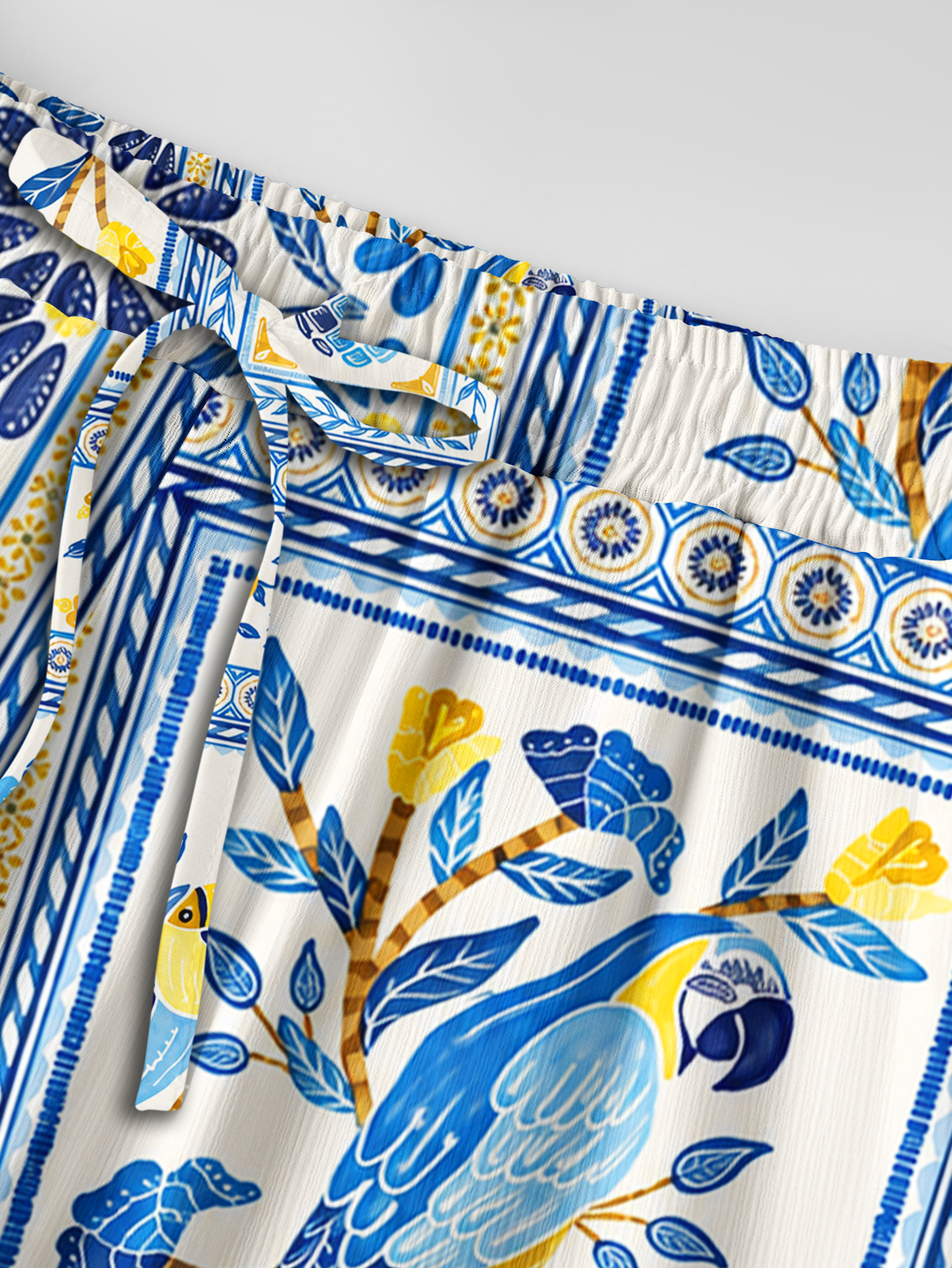 Blue Tropical Tile Wide Leg Tie Waist Pants With Pockets