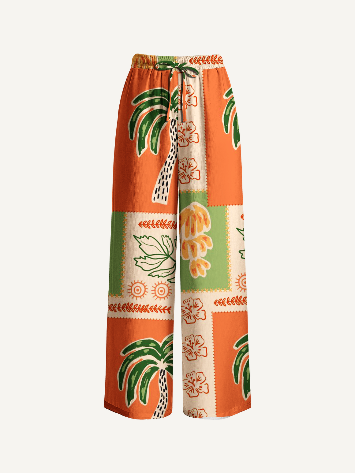 Boho Palm & Hibiscus Print Wide Leg Tie Waist Pants With Pockets