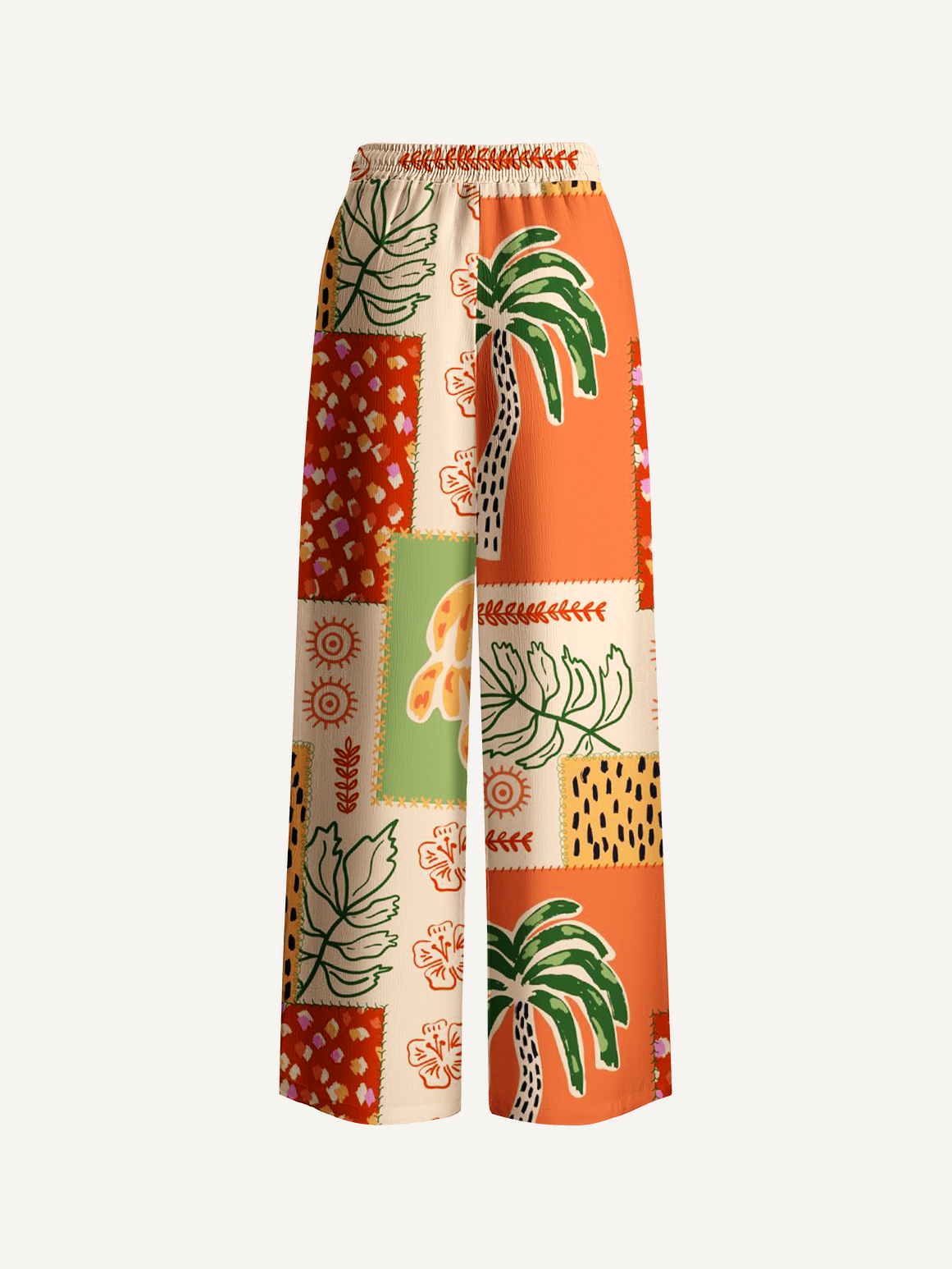 Boho Palm & Hibiscus Print Wide Leg Tie Waist Pants With Pockets