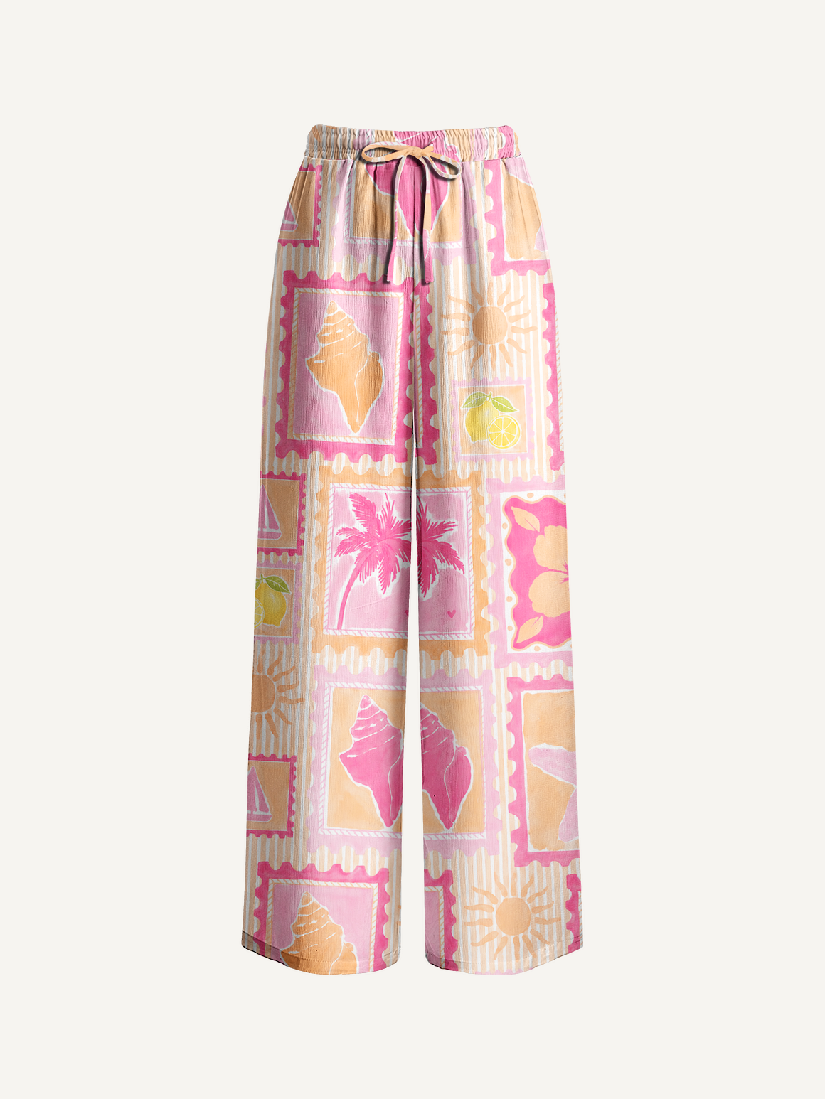 Coral Beach Postcard Wide Leg Tie Waist Pants With Pockets