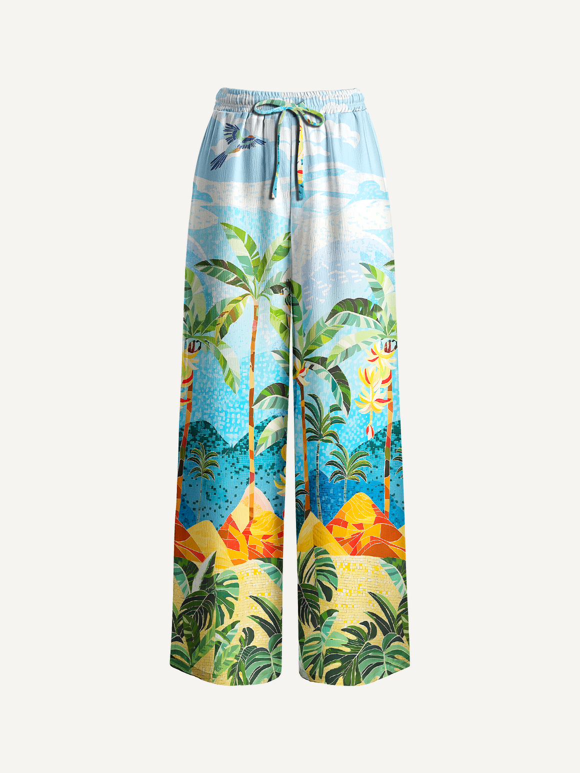 Rainforest Palm Tree Wide Leg Tie Waist Pants With Pockets