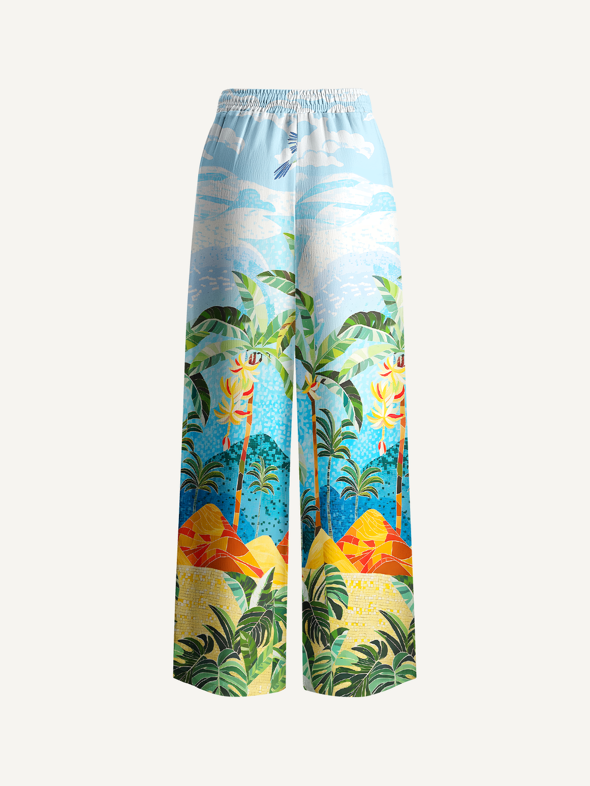 Rainforest Palm Tree Wide Leg Tie Waist Pants With Pockets