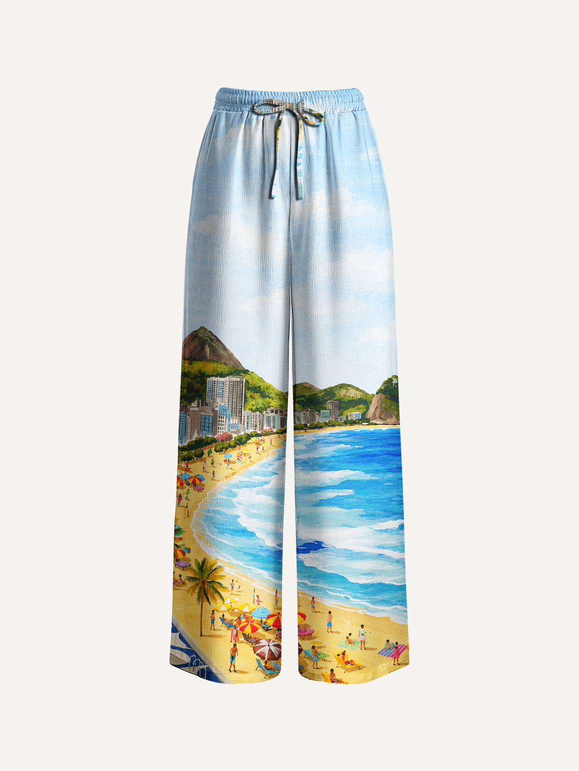 Rio Beach Scene Wide Leg Tie Waist Pants With Pockets