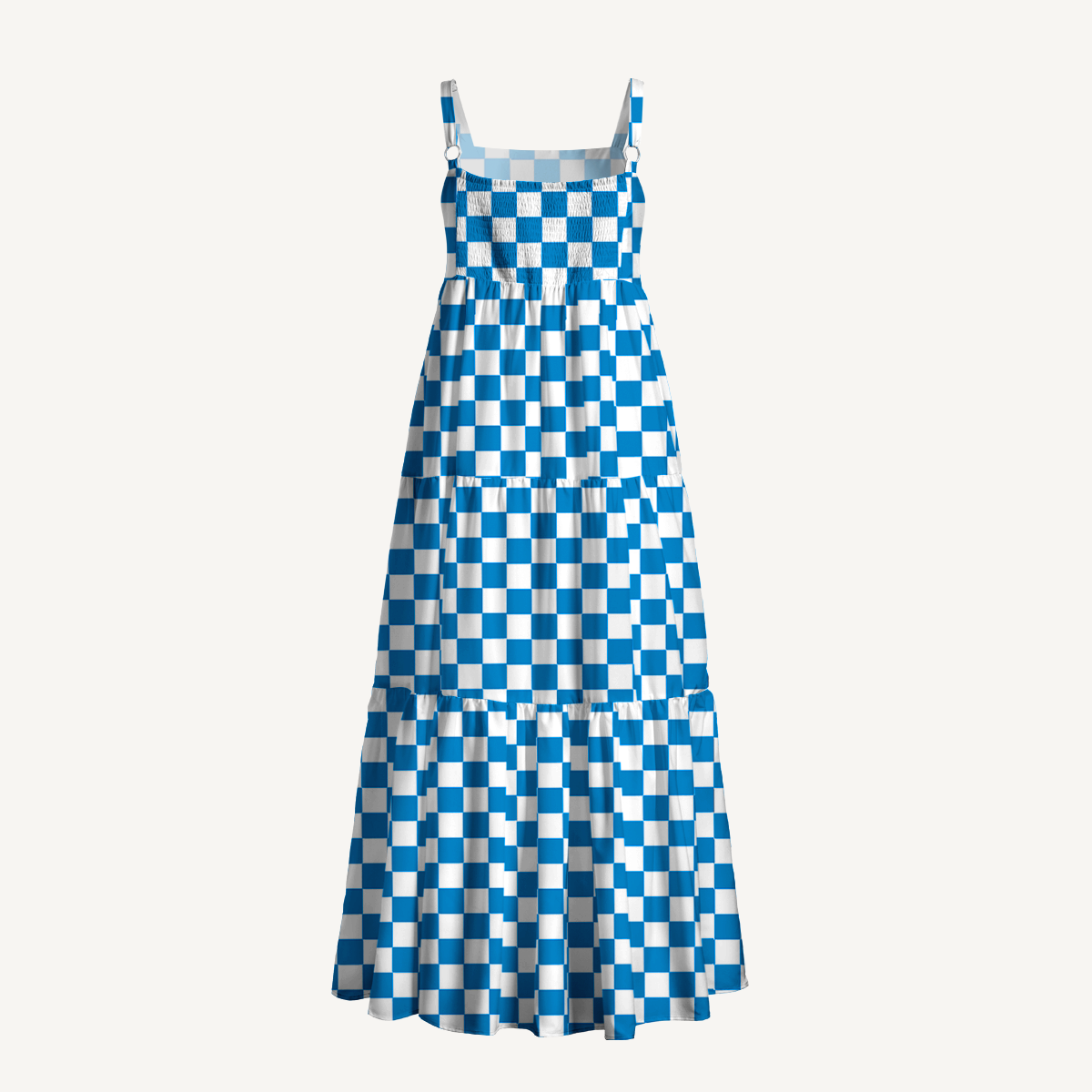 Blue Check Lemon Wide Straps Maxi Dress With Pockets