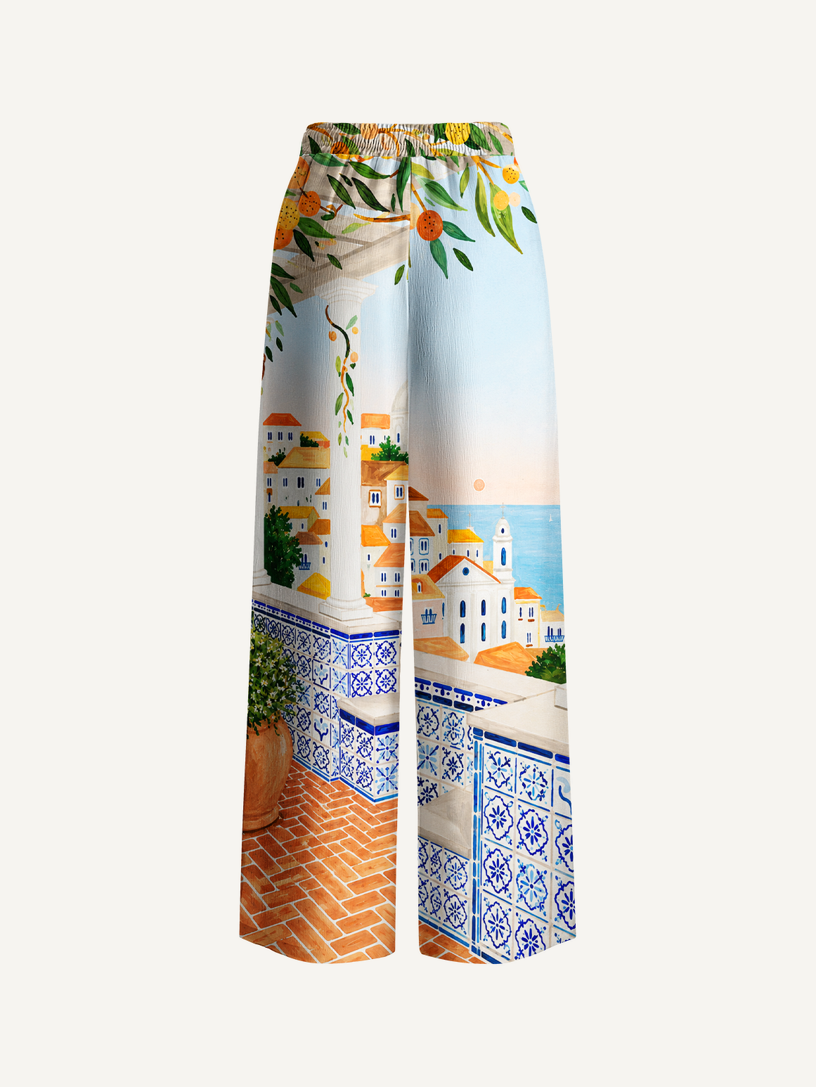 Lisbon Cityscape Wide Leg Tie Waist Pants With Pockets