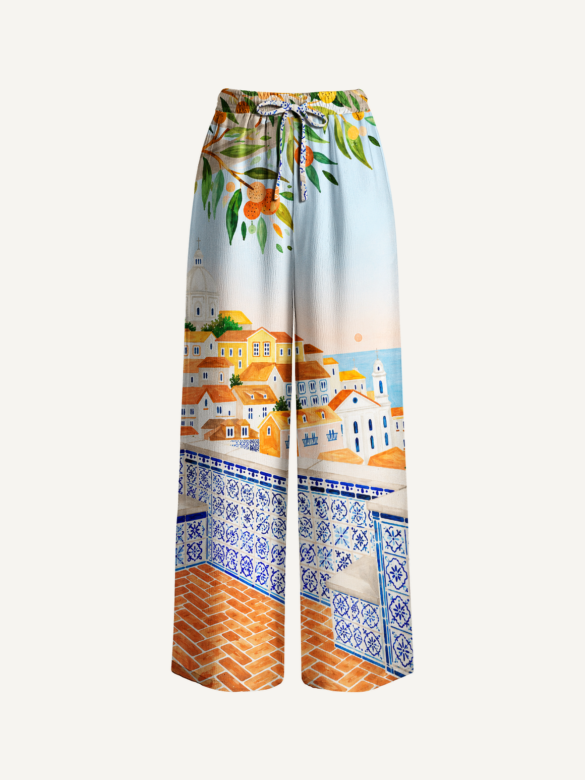 Lisbon Cityscape Wide Leg Tie Waist Pants With Pockets