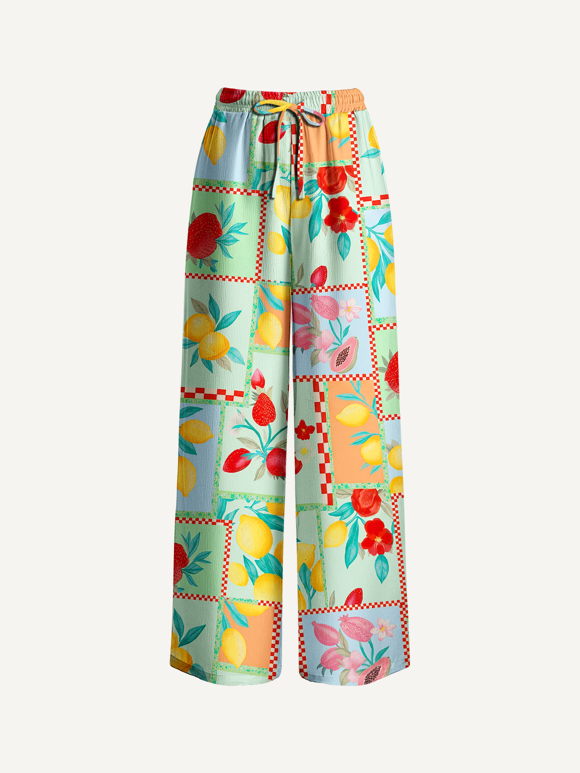 Fruit Party Vacation Wide Leg Tie Waist Pants With Pockets
