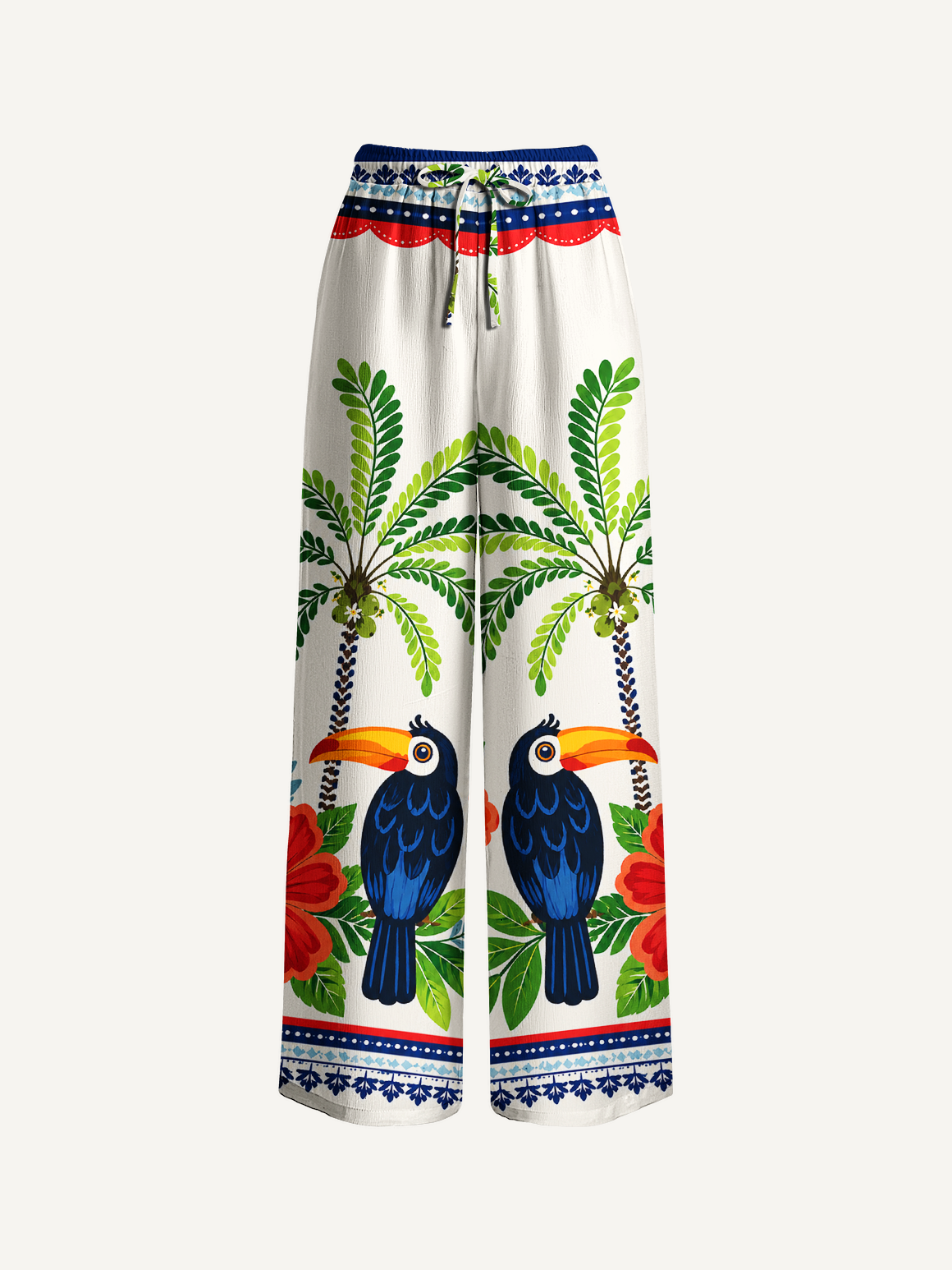 Vibrant Tropical Toucan Wide Leg Tie Waist Pants With Pockets