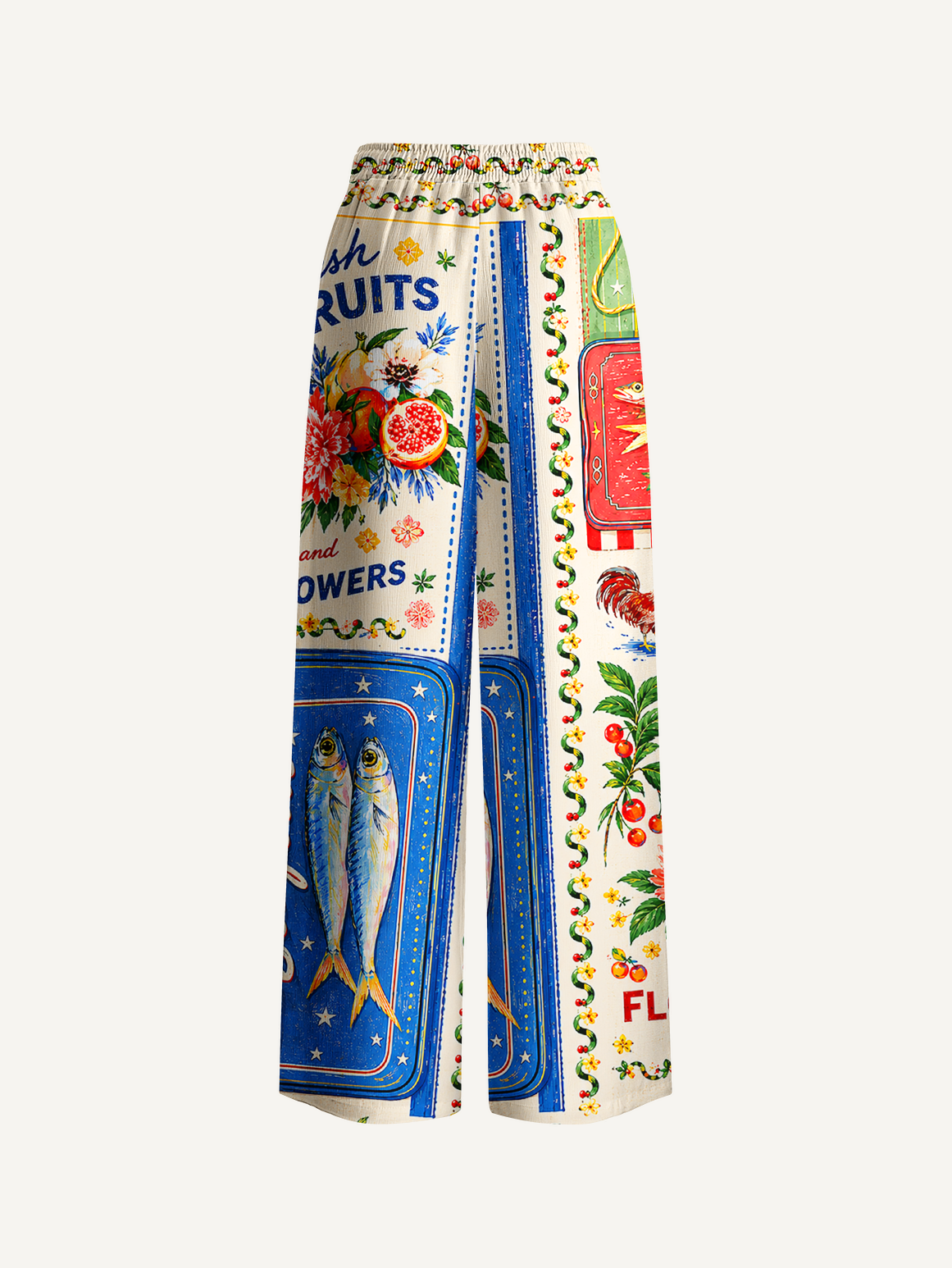Fruits, Flowers & Fish Feast Wide Leg Tie Waist Pants With Pockets