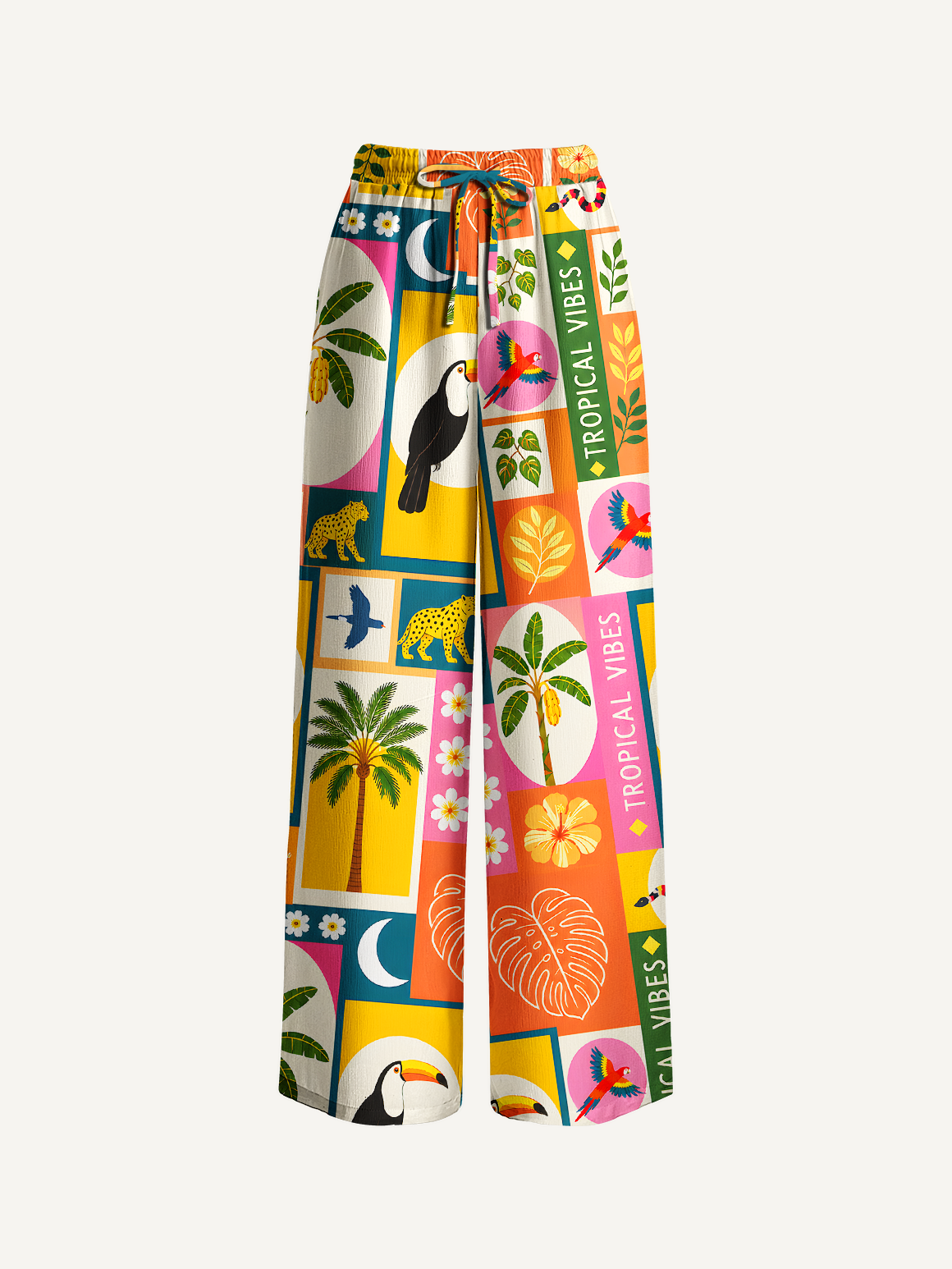 Tropical Patchwork Wide Leg Tie Waist Pants With Pockets
