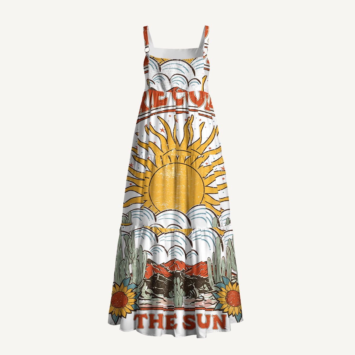 Western Sun & Cact Wide Straps Maxi Dress With Pockets