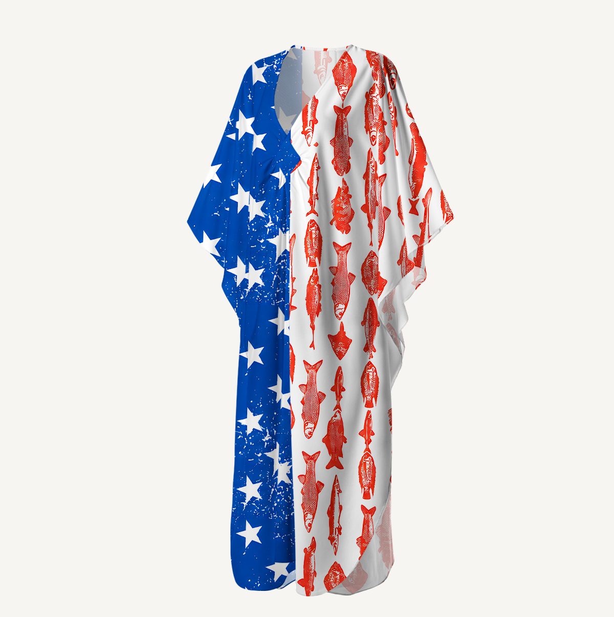 American Flag Fish Pattern Kimono Sleeve Kaftan Dress