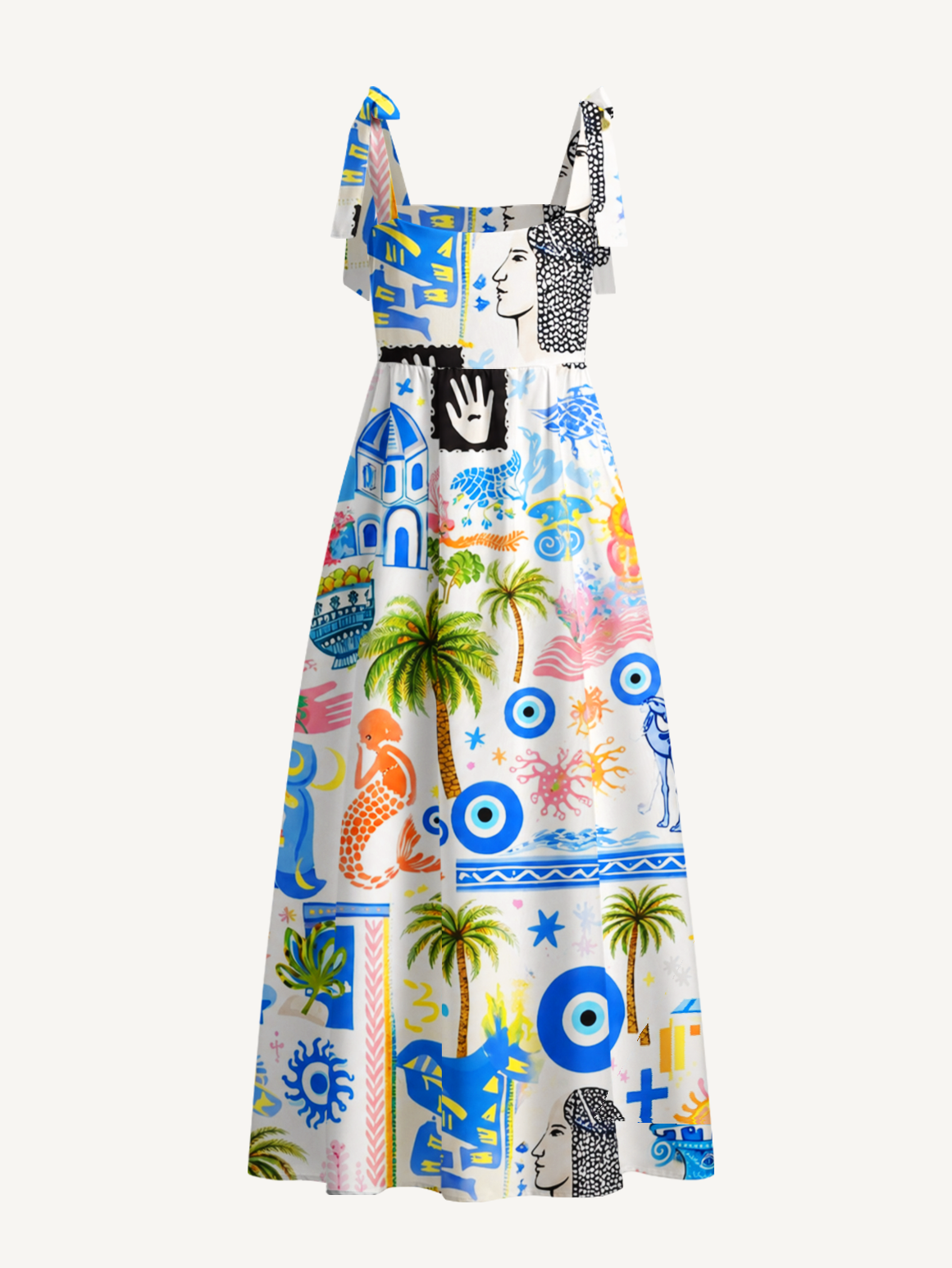 Greek Island Charms Pattern Bow Strap Maxi Dress