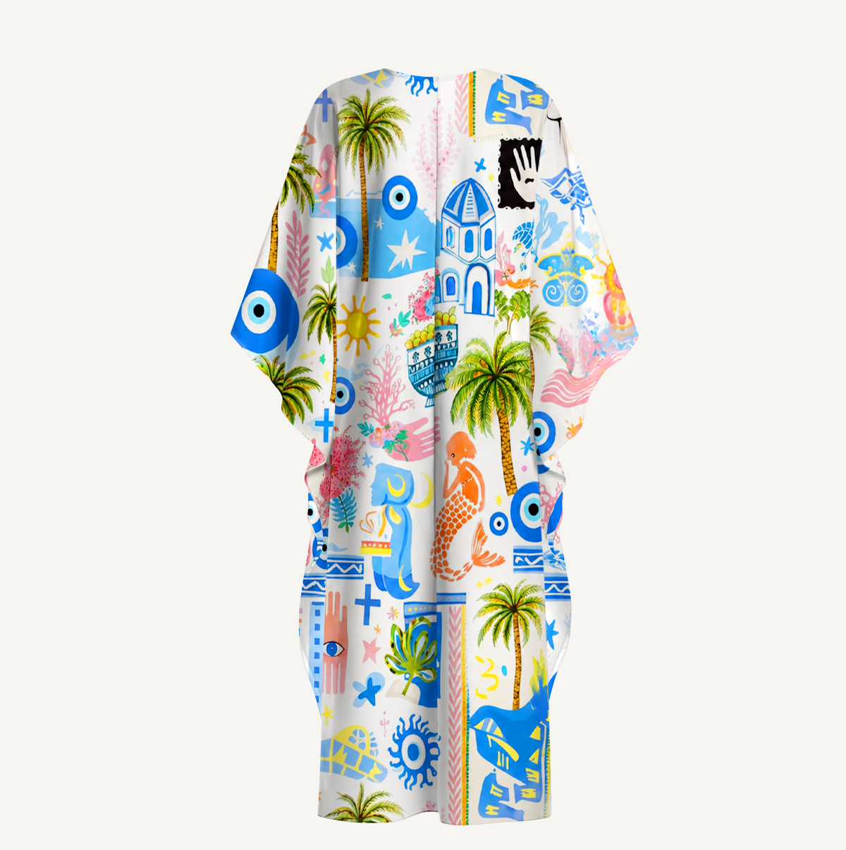 Greek Island Charms Pattern Kimono Sleeve Kaftan Dress