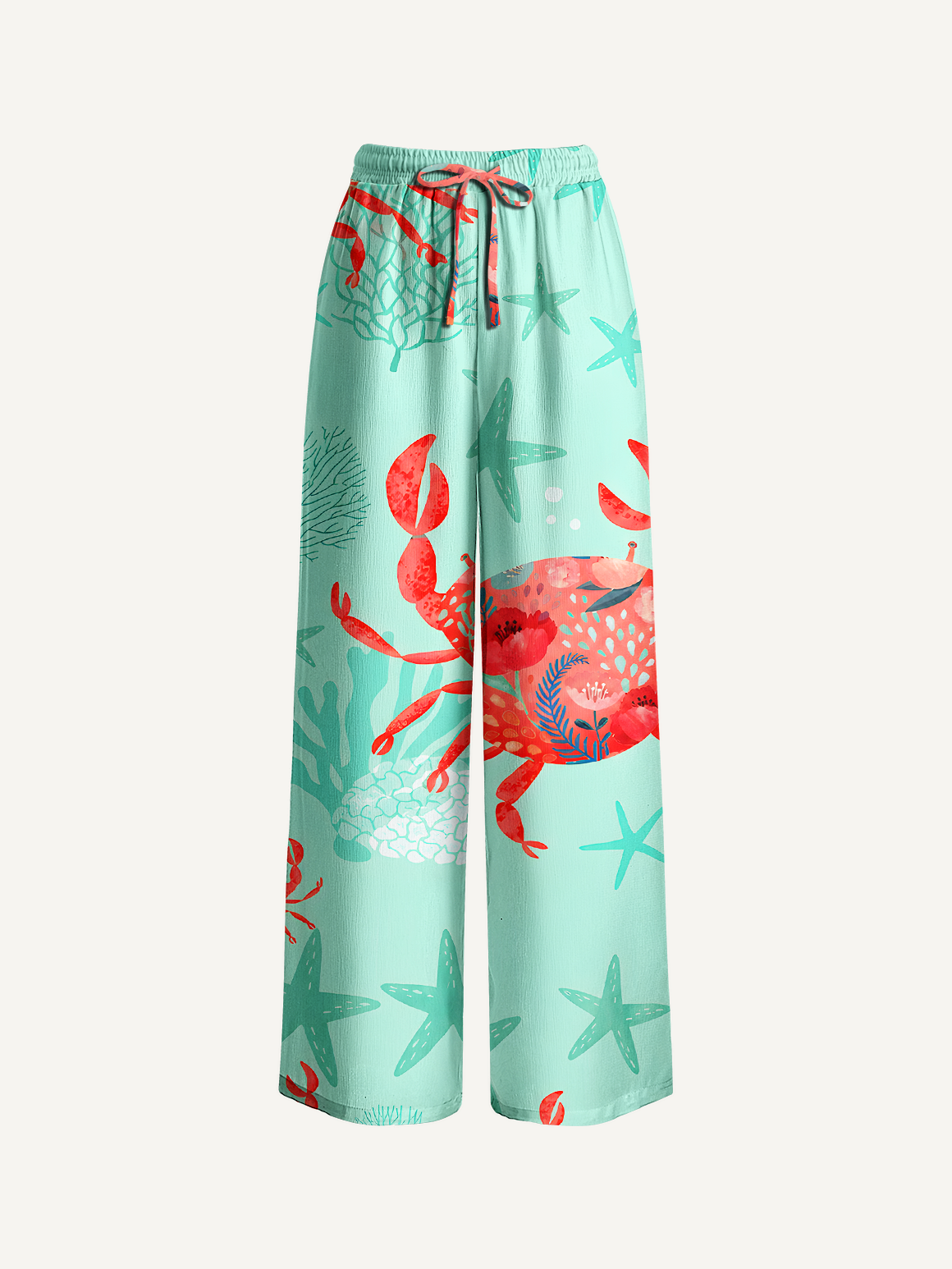 Floral Crab Wide Leg Tie Waist Pants With Pockets