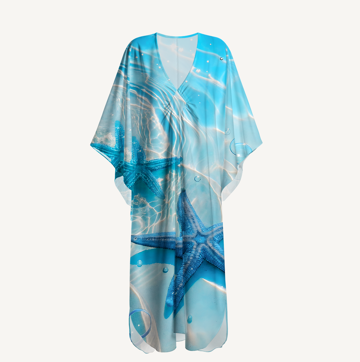 Blue Starfish in Crystal Sea Kimono Sleeve Kaftan Dress