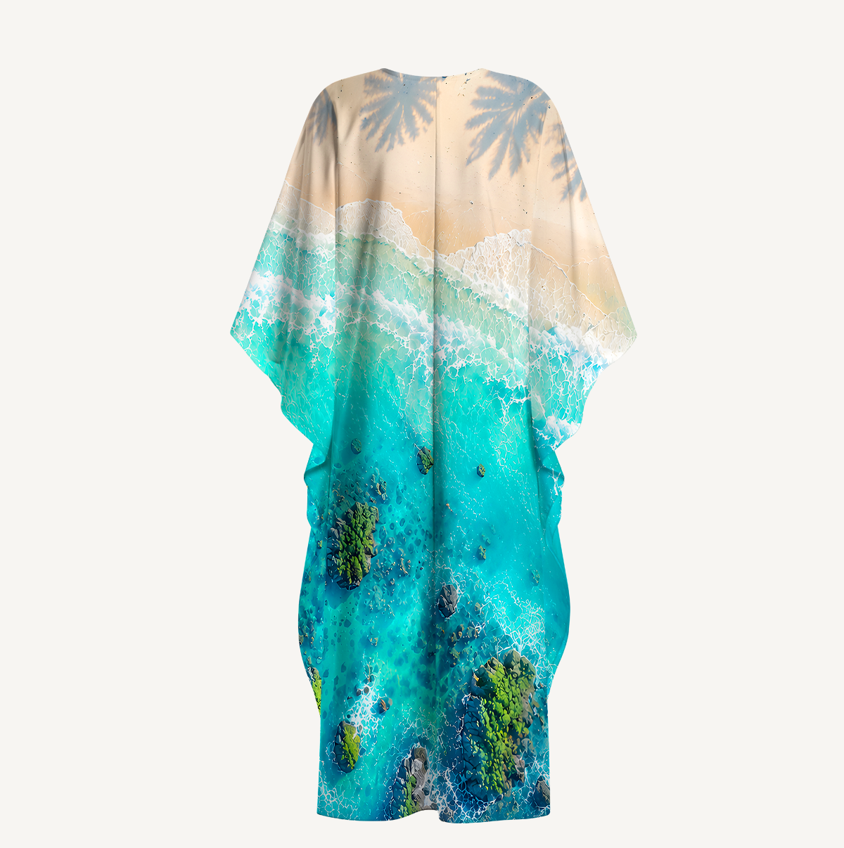 Turquoise Reef and Palm Shadows Kimono Sleeve Kaftan Dress