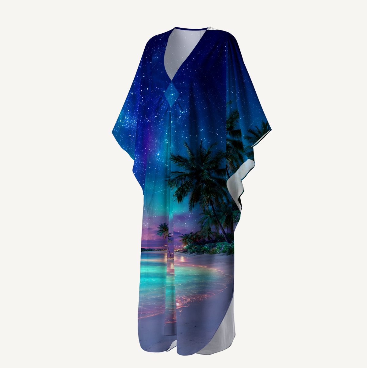 Starlit Tropical Lagoon Kimono Sleeve Kaftan Dress