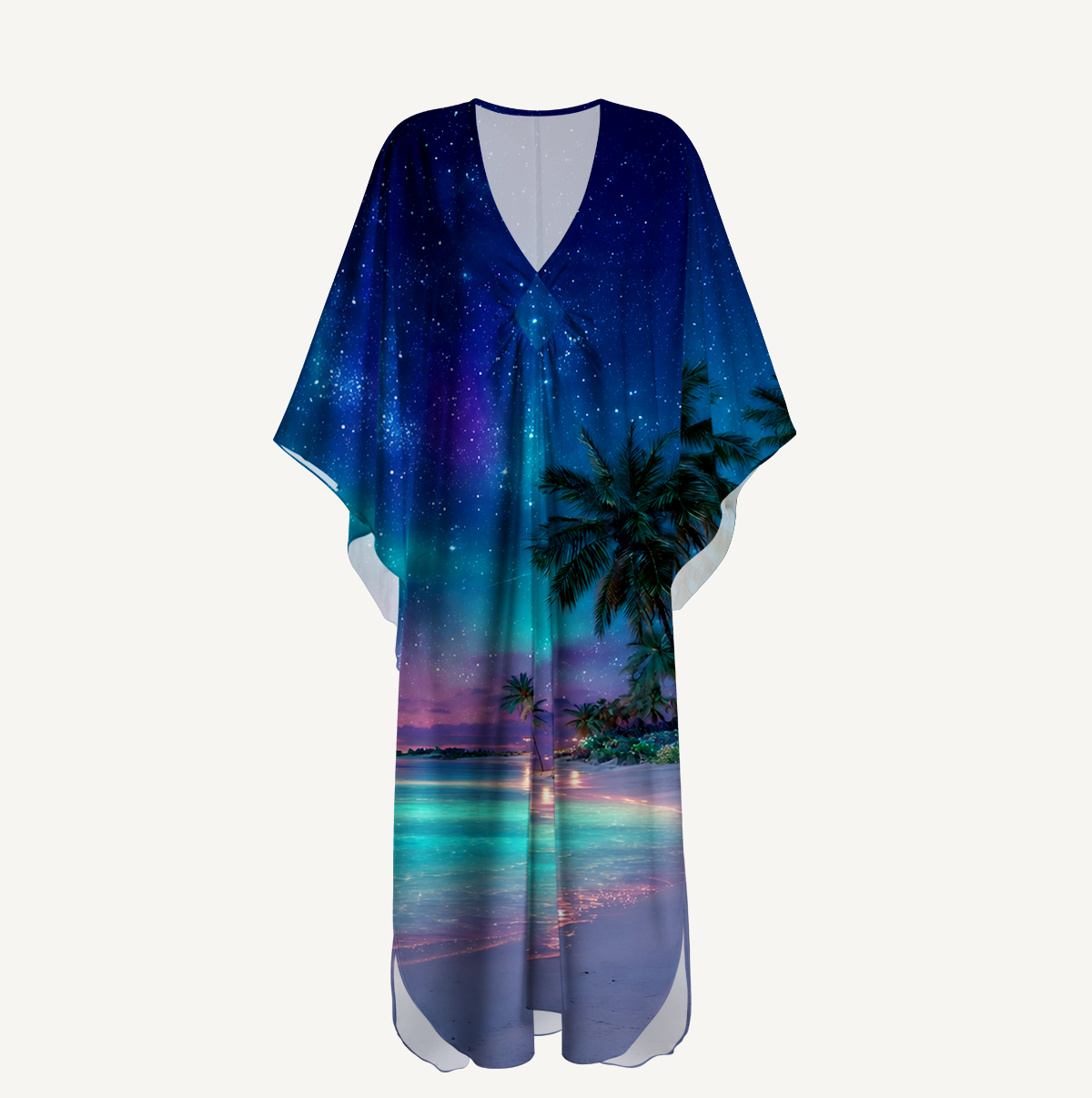 Starlit Tropical Lagoon Kimono Sleeve Kaftan Dress