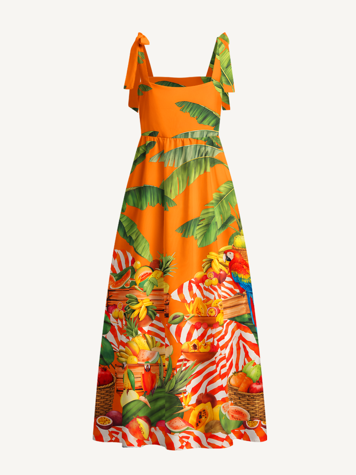 Tropical Parrot Fruit Feast Bow Strap Maxi Dress