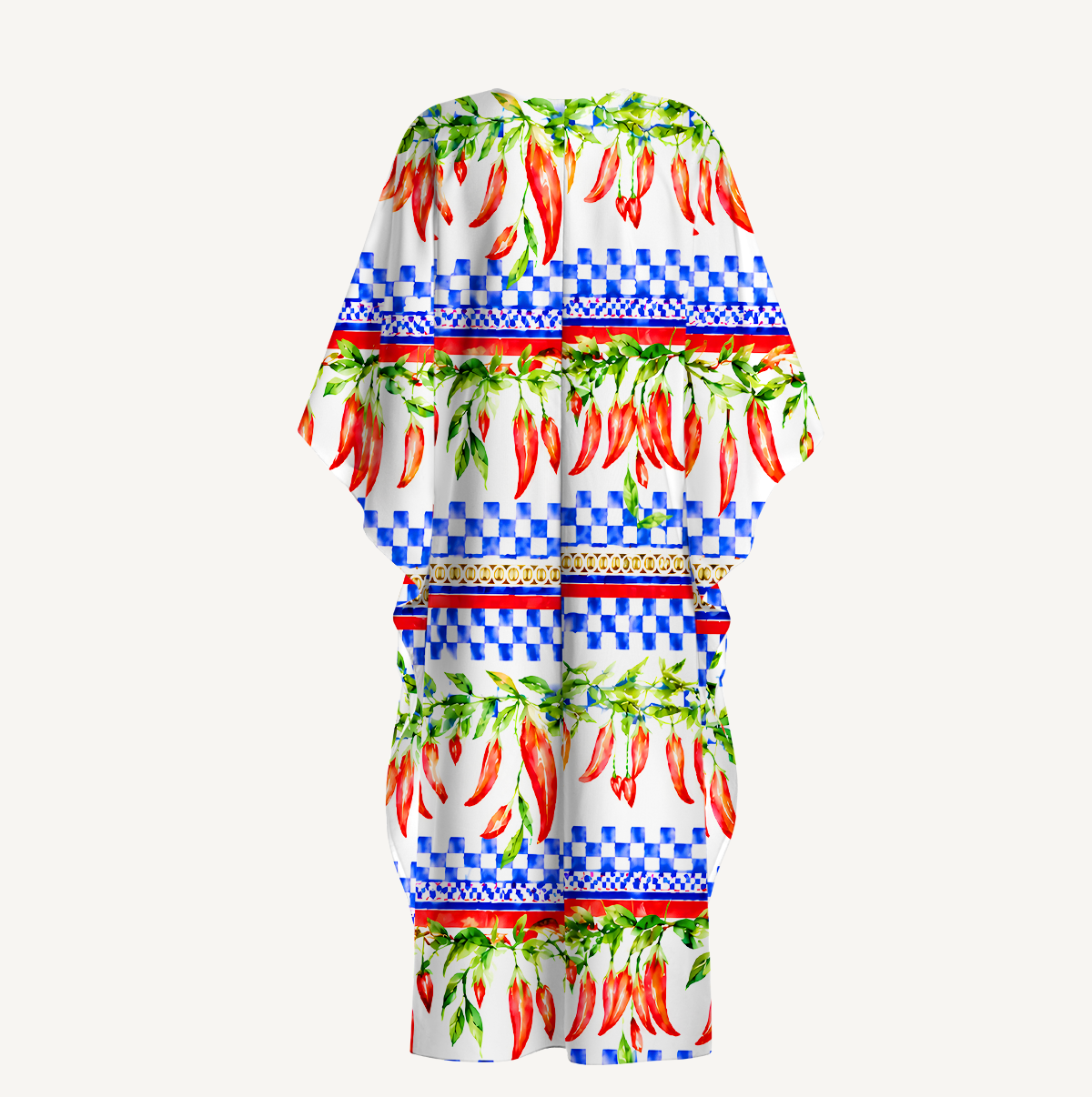 Chili Vines and Checkered Stripes Kimono Sleeve Kaftan Dress