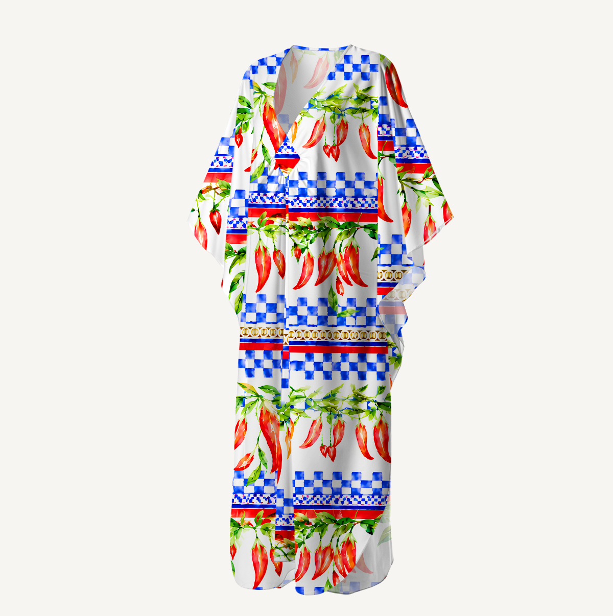 Chili Vines and Checkered Stripes Kimono Sleeve Kaftan Dress