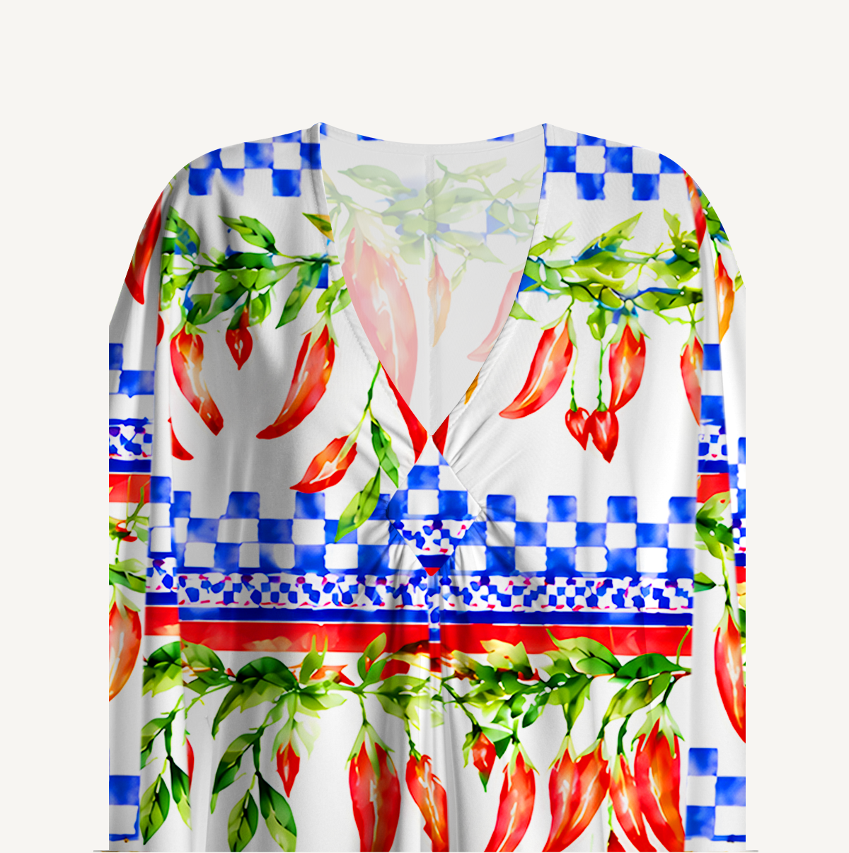 Chili Vines and Checkered Stripes Kimono Sleeve Kaftan Dress