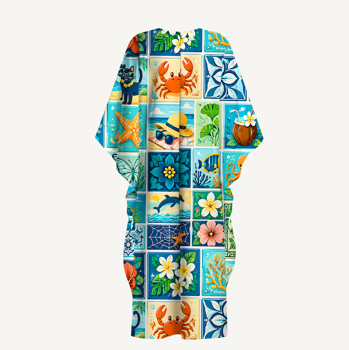 Ocean Paradise Patchwork Kimono Sleeve Kaftan Dress