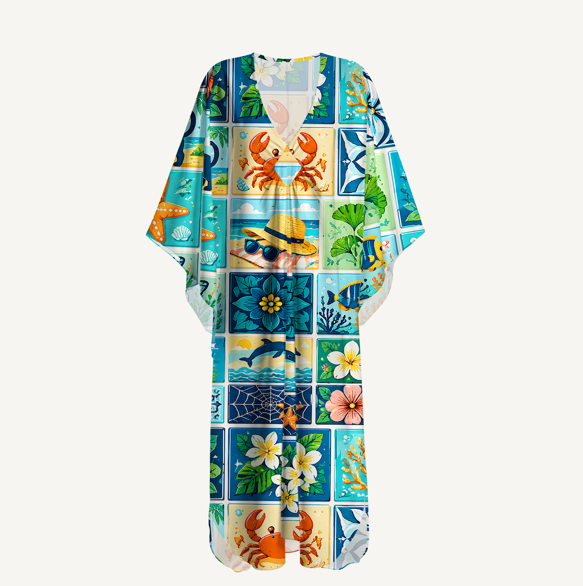 Ocean Paradise Patchwork Kimono Sleeve Kaftan Dress