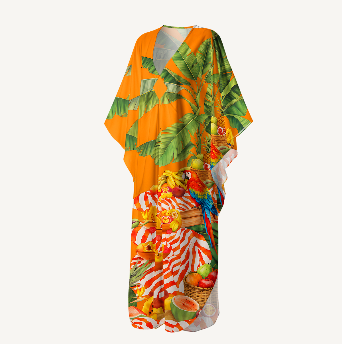 Tropical Parrot Fruit Feast Kimono Sleeve Kaftan Dress