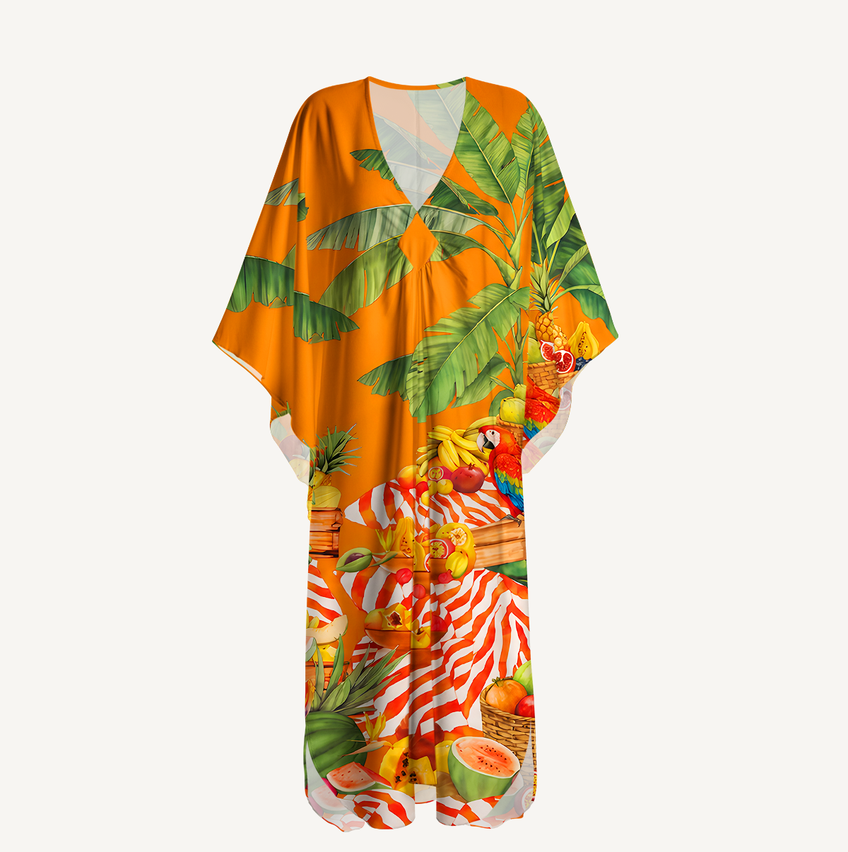 Tropical Parrot Fruit Feast Kimono Sleeve Kaftan Dress