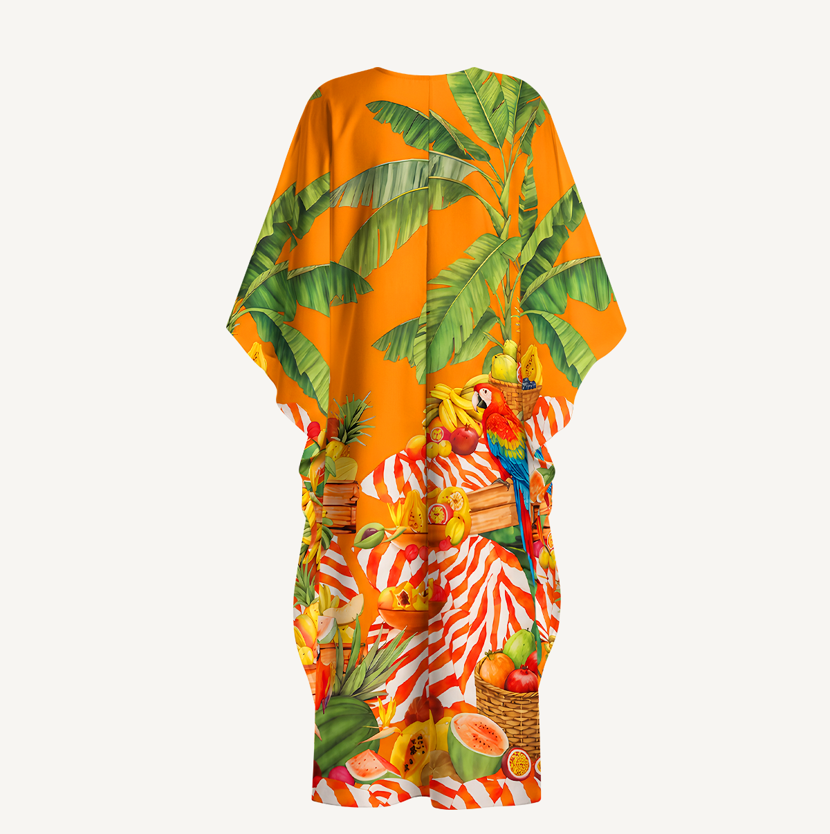 Tropical Parrot Fruit Feast Kimono Sleeve Kaftan Dress