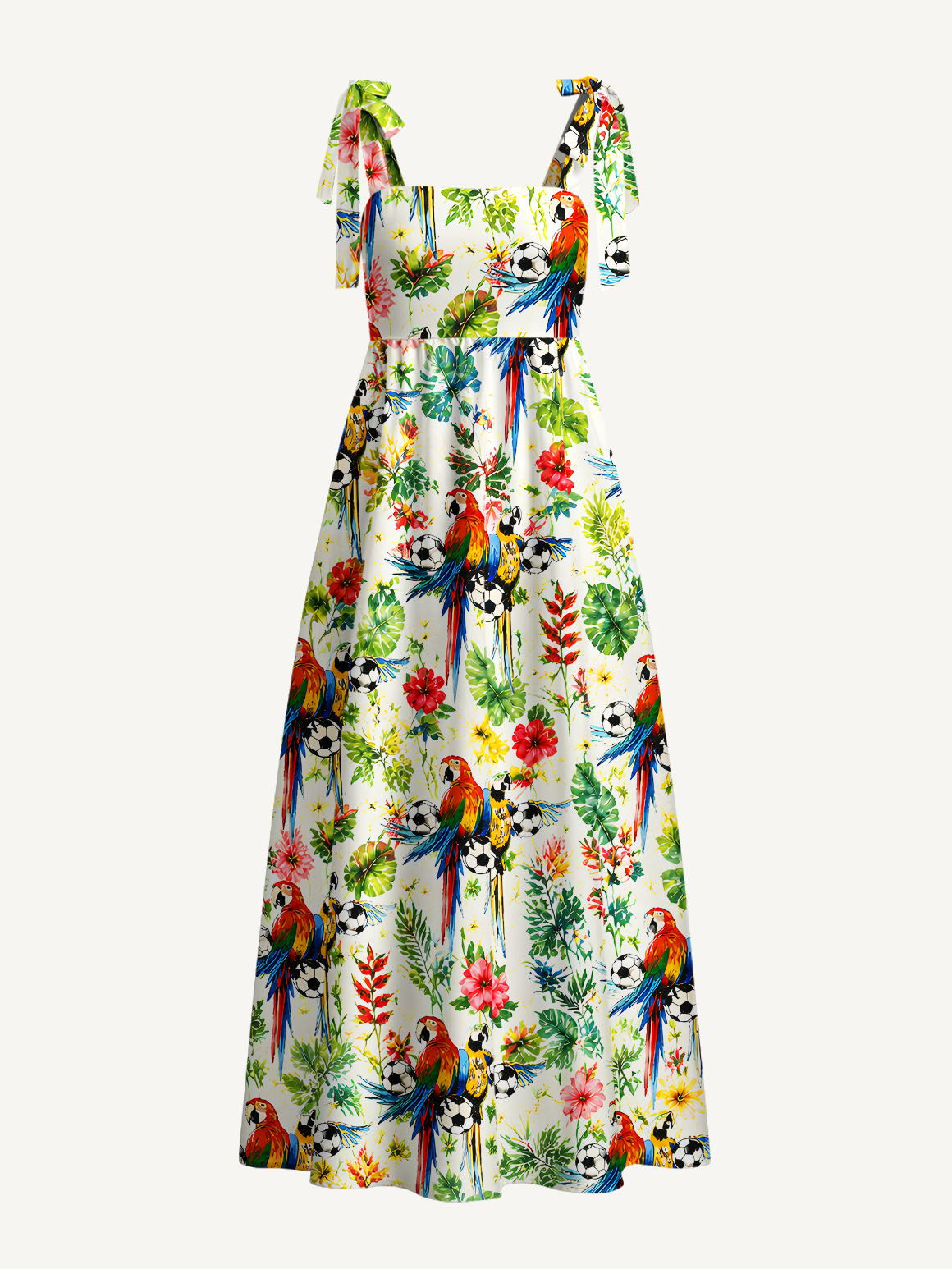 Tropical Parrot Football Garden Bow Strap Maxi Dress