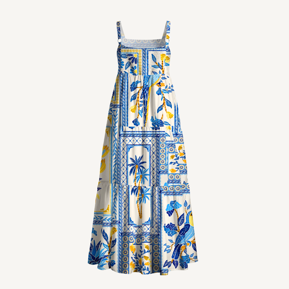 Blue Tropical Tile Wide Straps Maxi Dress With Pockets